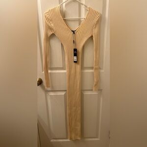 Fashion Nova Cream Ribbed Bodycon Dress Long Sleeve